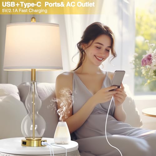Rinweey 27.5" Clear Glass Table Lamp Set of 2,3-Way Dimmable Touch Control Bedside Lamps with USB Ports and AC Outlet, Modern Nightstand Lamps Gold lamp for Bedroom Living Room - color: Clear