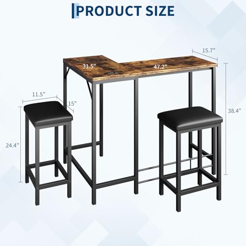 Bar Table and Chairs Set, 63'' L-Shaped Bar Table with 2 Stools, Counter Height Kitchen Table with Built-in Power Outlets, Left/Right/Straight Convertible Design, Faux Leather Upholstered Seating - color: Rustic