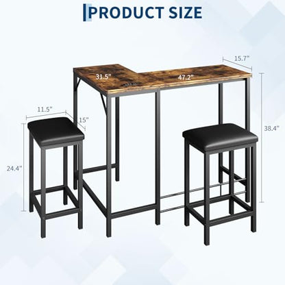 Bar Table and Chairs Set, 63'' L-Shaped Bar Table with 2 Stools, Counter Height Kitchen Table with Built-in Power Outlets, Left/Right/Straight Convertible Design, Faux Leather Upholstered Seating - color: Rustic