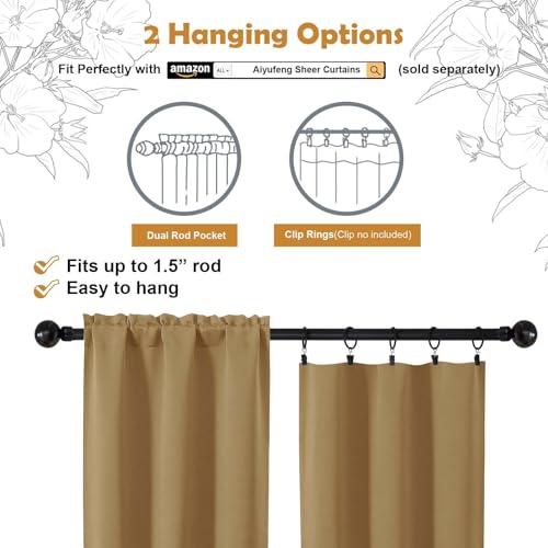 Aiyufeng Gold Short 36 Inches Blackout Curtain 2 Panels Set, Half Window Rod Pocket Privacy Curtain Tiers for Kitchen, Curtains Blackout for Bathroom Shades, W40 x L36 Inch, Gold - color: Gold, size: 40"W x 36"L (Pack of 2)