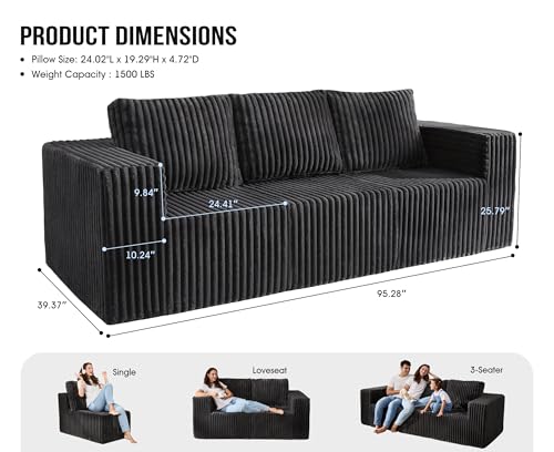 Hobestluk 3 Seater Modular Couch with Deep Seat Oversized Sectional Sofa | Strip GREY,3-Seater,Cozy Fabric,Memory Foam,No Assembly,Cloud Chair,With Pillows,For Livingroom Bedroom,Free Combination - color: Grey, size: 3-Seater