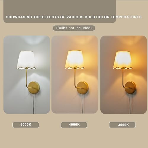 Boho Fabric Wall Sconces Set of 2 Plug-in | Wall Light Brass Paint Finish with Flower Linen Shade Set of 2 for Bedside, Living Room, Fireplace, Hallway
