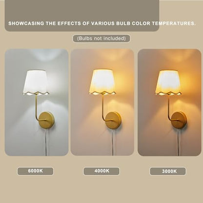 Boho Fabric Wall Sconces Set of 2 Plug-in | Wall Light Brass Paint Finish with Flower Linen Shade Set of 2 for Bedside, Living Room, Fireplace, Hallway