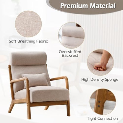Mid Century Modern Accent Chair with High Back, Upholstered Living Room Chairs with Waist Cushion, Wood Frame Reading Armchair for Bedroom Sunroom, Beige - color: Beige