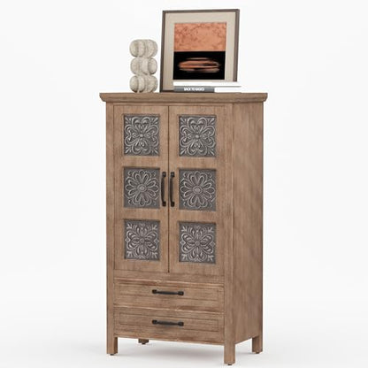HOMPUS 48'' Tall Farmhouse Accent Cabinet with Doors, Modern Wood Storage Cabinet, Sideboard Buffet Cabinet with 2 Drawers & Shelves for Living Room, Entryway, Dining Room, Natural Wood - size: 27'' (2 Drawers & 2 Doors)