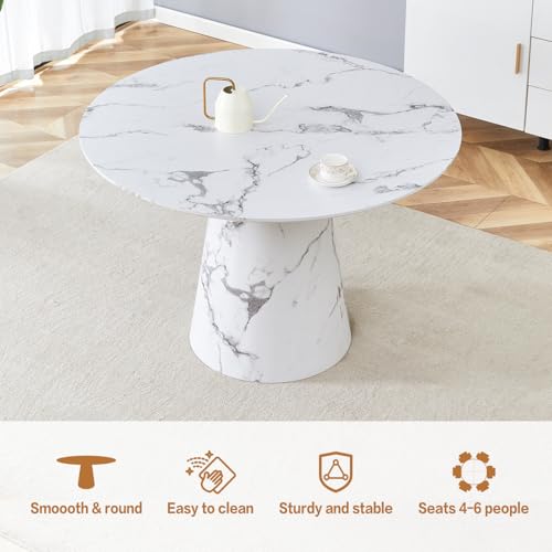 White Round Dining Table for 4-6,45" Round Kitchen Table,Faux Marble Round Dinner Table,Modern Dining Table with Pedestal Base for Apartment Dining Room - color: 45'' White