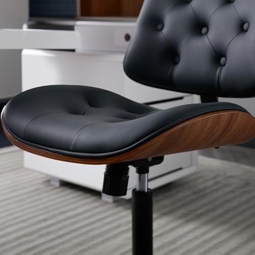 Armless Home Office Chair in Button Style, PU Leather Small, Black | PU Leather Adjustable Height Computer Desk Chair, 360 Swivel Small No Arms Office Seat, Walnut Design Stool, 300LBS Cap - color: Black, size: Button Style
