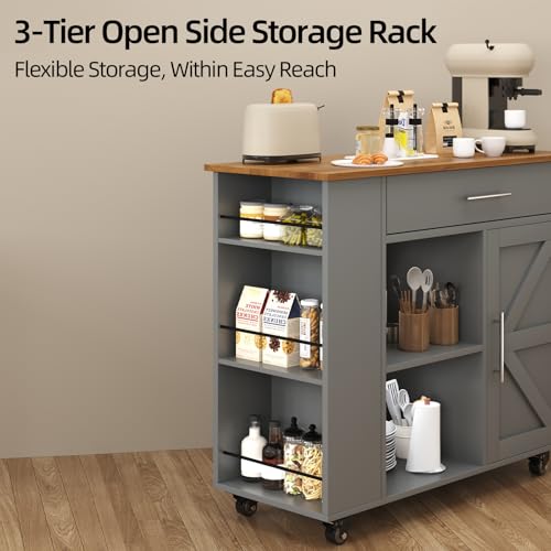 Kitchen Island with Storage, 39 Inch Rolling Kitchen Island on Wheels, Grey | 3-Tier Spice Rack, Drawer Storage, Adjustable Shelf & Towel Rack, Casters, Mobile Island Table for Kitchen, Dining Room - style: GREY