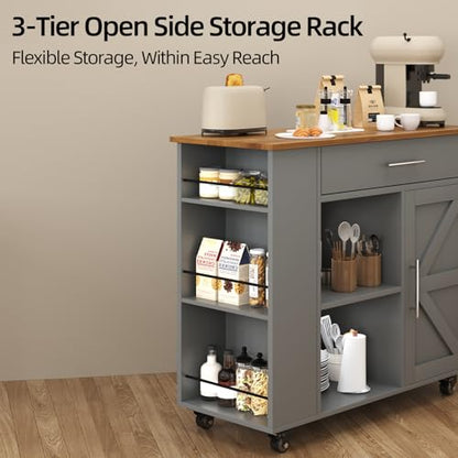 Kitchen Island with Storage, 39 Inch Rolling Kitchen Island on Wheels, Grey | 3-Tier Spice Rack, Drawer Storage, Adjustable Shelf & Towel Rack, Casters, Mobile Island Table for Kitchen, Dining Room - style: GREY