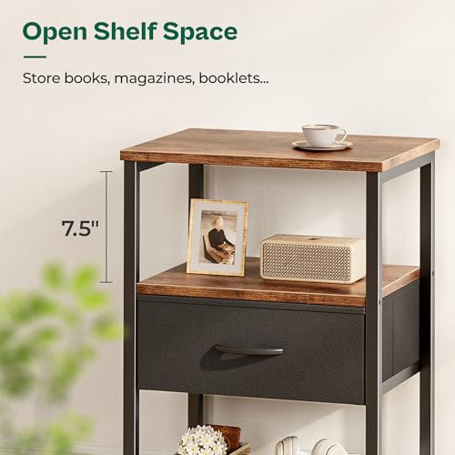 Huuger Night Stand with Fabric Drawer, Side Table with Mesh Shelf, Bedroom Nightstand, Fabric Drawer Dresser, Open Shelf, Metal Frame, Couch Side, Rustic Brown and Black | Bedroom Nightstand, Fabric Drawer Dresser, Open Shelf, Metal Frame, Couch Side, Rus
