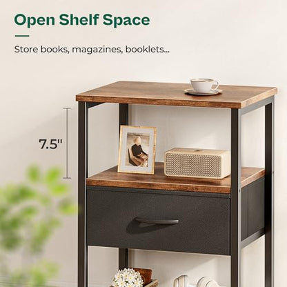 Huuger Night Stand with Fabric Drawer, Side Table with Mesh Shelf, Bedroom Nightstand, Fabric Drawer Dresser, Open Shelf, Metal Frame, Couch Side, Rustic Brown and Black | Bedroom Nightstand, Fabric Drawer Dresser, Open Shelf, Metal Frame, Couch Side, Rus
