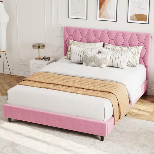 GAOMON Pink Queen Bed Frame with Upholstered Headboard, Heavy-Duty Platform Bed Frame with Strong Wood Slats, No Box Spring Needed/Noise Free/Easy Assembly | Heavy-Duty Bed Frame with Wooden Slats Support Upholstered Mattress Foundation No Box Spring Need
