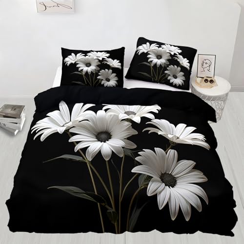 White Daisy Bedding Sets Queen, Black Duvet Cover, Floral Comforter Set, Zipper Closure, 2 Pillowcases, Reversible Print Quilts & Home Decor, 90"x90" - color: Black, size: Queen