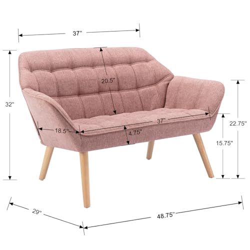 48”Small Loveseat Sofa, Modern Linen Upholstered Mini Couch 2-Seater Fluffy Love Seat with Quilting Backs and Wood Legs for Small Space Living Room, Bedroom, Pink - color: Pink, size: Loveseat