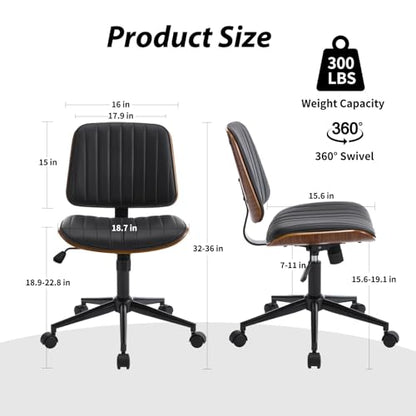 VipDesk Small Home Office Chair - Armless Mid Back Desk Chair with 360° Swivel and Wheels, PU Upholstered Height Adjustable Modern Walnut Computer Chair for Home, Office Meeting Room - White - color: Black, size: Classic