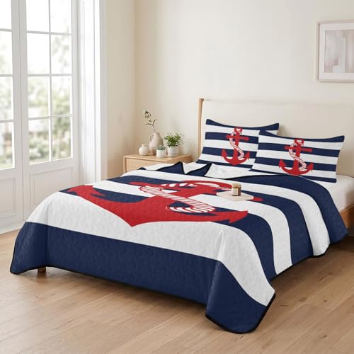 Nautical Anchor Navy Blue Quilt Set Twin Size, Lightweight Summer Bedspread,Summer Ocean Coastal Style Soft Coverlet Bedding Set for All Season - 3 Pieces (1 Quilt,2 Pillow Shams) - color: Navy Blue Red, size: Twin