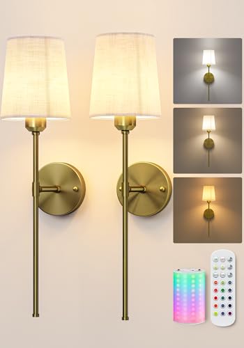 EZVALO Battery Operated Wall Sconces Set of 2, 7500mAh, RGB, Rechargeable Wall Lights with Remote, Dimmable, Magnetic Bulbs, No-Wiring Installation, Wireless Wall Lamps for Bedroom, Living Room - color: Brass, size: 24 inches