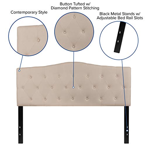 EMMA + OLIVER Beige Queen Tufted Headboard | Adjustable Bed Rail Slots, Fabric Upholstered - color: Beige, size: Queen