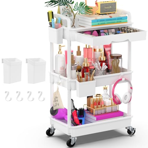 Goovilla 3 Tier Rolling Utility Cart Organizer with Removable Drawer, White | Stable and Sturdy Rolling Storage Carts with 2 Lockable Wheels for Bathroom, Kitchen, Snack, Craft, Makeup, Baby Essentials - size: 3 Tier, style: White