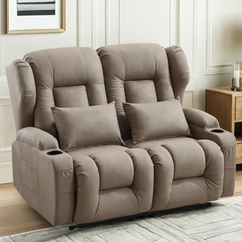 Loveseat Recliner Sofa,RV Wall Hugger Recliners for Small Spaces,Reclining Loveseat Sofa Recliner with Cup Holders/Lumbar Pillows,RV Furniture (Khaki, 56" 2-Seater) - color: Khaki, size: 56" 2-Seater
