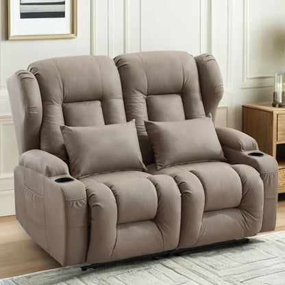 Loveseat Recliner Sofa,RV Wall Hugger Recliners for Small Spaces,Reclining Loveseat Sofa Recliner with Cup Holders/Lumbar Pillows,RV Furniture (Khaki, 56" 2-Seater) - color: Khaki, size: 56" 2-Seater