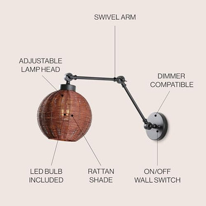 JONATHAN Y Lyla 8.38" 1-Light Swing Arm Sconce Rattan, Black/Dark Brown | Mid-Century Vintage Bohemian Globe Shade, Reading Light, Metal Construction, Hardwired, LED Bulb Included