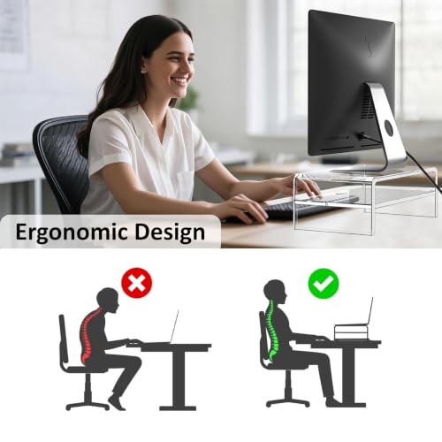 Egchi Clear Acrylic Monitor Stand Riser 2 Tier, 5.12 Inches High Clear Computer Desk Organizer Shelf for Multi Media PC Storage Laptop | Clear, Desk Shelf, for Multi Media PC Storage, Laptop Stand - size: 16''x8''x5.12''-2 Tiers