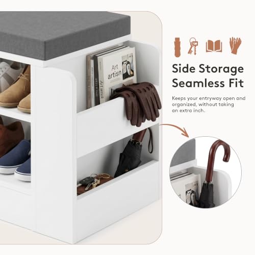 Farmhouse Shoe Storage Bench with 3-in-1 Entryway Storage & Padded Seat | 27.8" Wide Entryway Bench with Adjustable Shelves, Shoe Organizer & Side Storage Rack for Living Room, Bedroom, White - size: 27.8" Wide