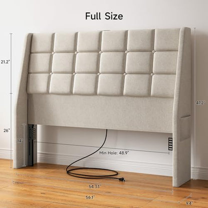 Ergonomic Upholstered Headboard Full Size w/Charging Station, Linen Wingback Headboards w/Storage Pocket, Full Headboard Only, Bed Frame Adapters, Sturdy Stable Solid Wood Bed Head Board, Beige - color: White Beige, size: Full