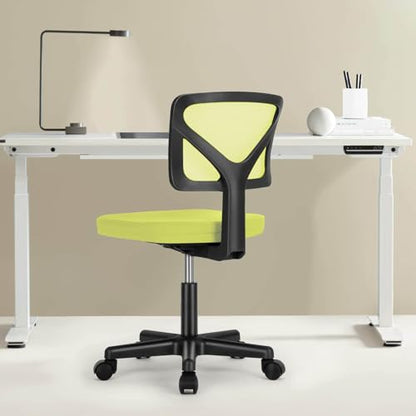 Armless Desk Chairs, Ergonomic Low Back Computer Chair, Adjustable Rolling Mesh Task Work Swivel Chairs with Wheels Work Vanity Chair for Small Spaces Home Bedroom Study, Yellow
