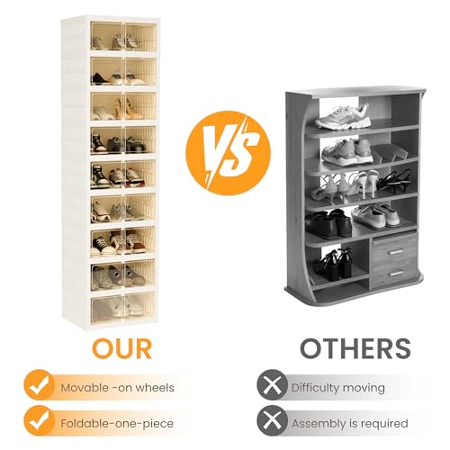 Foldable Shoe Organizer Storage Box, Portable Extra Large Folding Shoe Rack for Closet, Shoe Storage Box with Magnetic Transparent Door and Wheels, 9 Layers 18 Grids - size: White 9 Layers-A
