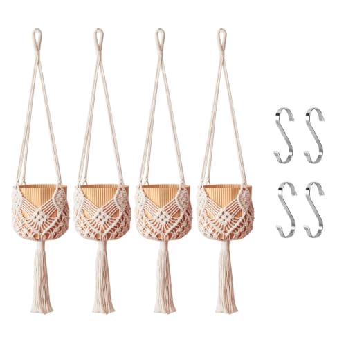 Hanging Planter with Patterns,4Packs Macrame Plant Hangers Indoor Macrame for up to 8 inch Pot Crochet Boho Plant Hanger Holder for Indoor Outdoor with 4 Stainless Steel Hooks (4Pcs White Colors) - color: 4pcs White Colors