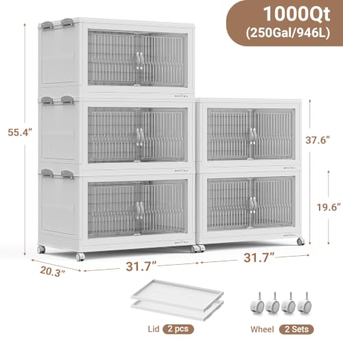 BROVIEW 1000QT Extra Large Stackable Storage Bins with Lids, 5Pack White | 250Gal Plastic Collapsible Cabinets Containers, Wheels & PET Doors, Foldable Closet Organizers Drawers for Office, Dorm - color: White, size: 50Gal-5Pack