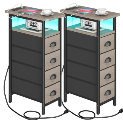 sthmec Nightstand Set 2 with Charging Station, Narrow End Table Set of 2 with 4 Drawers, LED Side Table with Fabric Drawers,Slim Sofa Couch Tables for Small Spaces,Living Room,Bedroom, Grey - color: Grey, style: Power & LED