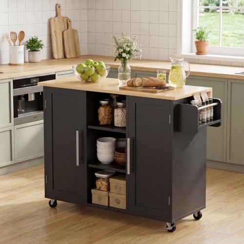 DUMOS 42in Kitchen Island with Storage, Drop Leaf, Spice Rack, Towel Rack | Rolling Cart on Wheels, Adjustable Shelves, Wood, Mobile Utility Serving Table, Living Room, Dining Room, Black - color: Black