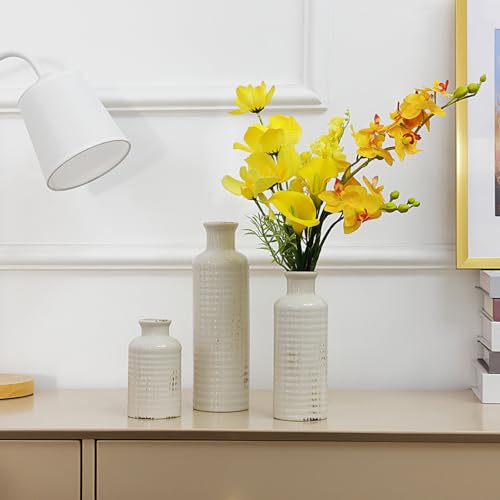 White Ceramic Vase Set of 3, Rustic Vase for Farmhouse Shelves Waterproof | Farmhouse Vases for Pampas Grass & Dried Flowers, Rustic Vase for Table Bookshelf, Living Room - color: 3pcs-crack White