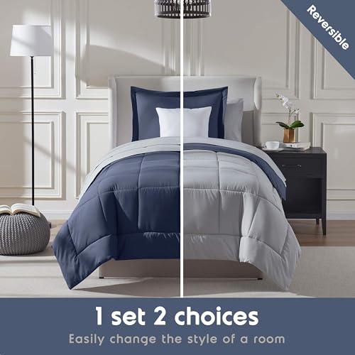 Nestl 5 Piece Twin XL Comforter Set – Navy Reversible Bed in a Bag – Complete Twin XL Size Bedding Set with Sheets, Pillowcase and Sham - color: Navy, size: Twin XL