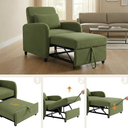 CHITA 3-in-1 Convertible Sleeper Chair, Pull-Out Sofa Bed Chair, Moss | Chair to Chaise Lounge to Flat Bed for Living room, 4 Adjustable Backrest Positions, Chenille Fabric, High-resilience Foam - color: Moss