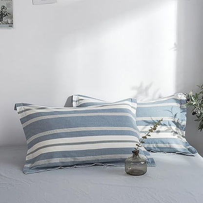 BISELINA Bedding Duvet Cover Set 100% Washed Cotton Linen Like Textured Yarn Dyed Horizontal Stripes Reversible Breathable Soft Comfy Chic Bedding (King, Button Closure Blue) - color: Button Closure - Blue, size: King