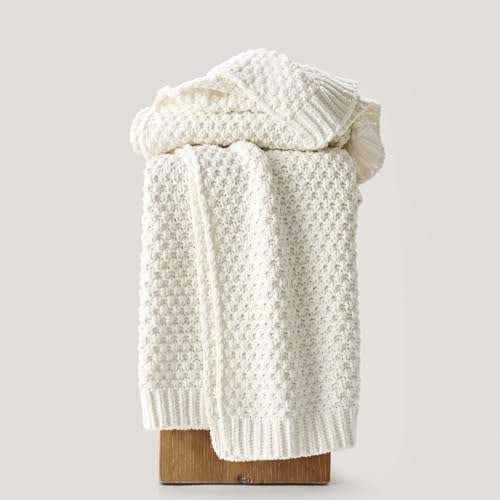 EVERGRACEHOME Chunky Chenille Knit Throw Blanket, 60 x 80, Bright White | Sculpted Moss Stitch, Chic Modern Farmhouse, All-Season Warmth, OEKO-TEX® Certified, Elegant Blanket for Couch, Bed, Sofa - color: Bright White, size: 60" X 80"