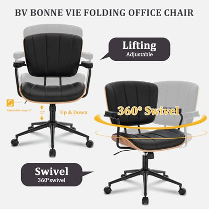 Mid Century Modern Walnut Leather Office Chair with Arms, Black | Fixed walnut bentwood back with armrests, height-adjustable swivel rolling base, PU leather seat, ideal for home office use - color: Black