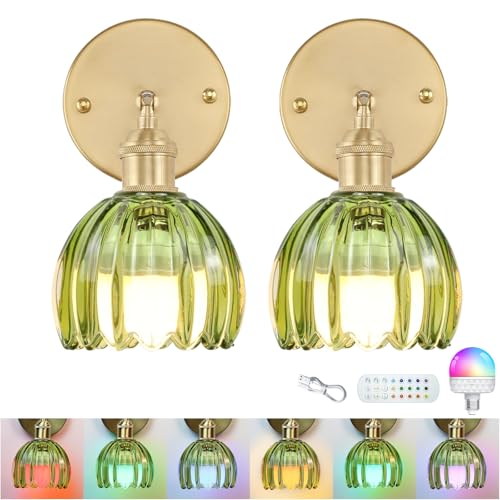 GEEZO Vintage Battery Operated Wall Sconce, with Rechargeable Battery Powered Wall Light with Remote Control for Bedside Bedroom - color: Tulip Green, size: (2 pack)