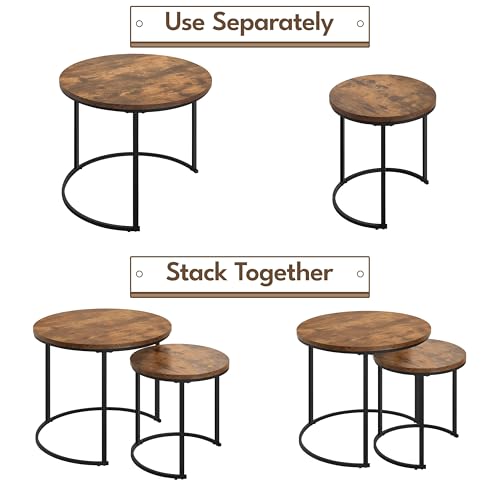 Yaheetech Small Round Nesting Coffee & Side Table Set of 2, Rustic Brown | Space-Saving Nesting Design, Engineered Wood Tops on Black Metal Frames, Use Apart as End Tables, Easy Assembly, 99 lb Max - color: Rustic Brown