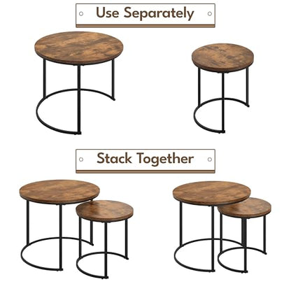 Yaheetech Small Round Nesting Coffee & Side Table Set of 2, Rustic Brown | Space-Saving Nesting Design, Engineered Wood Tops on Black Metal Frames, Use Apart as End Tables, Easy Assembly, 99 lb Max - color: Rustic Brown