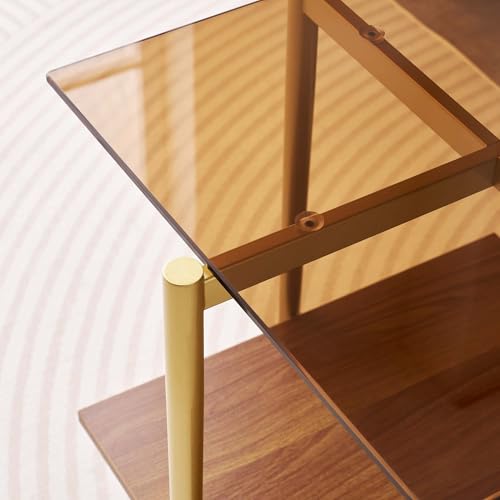 LumFurn Square Glass End Table, Mid-Century Modern Side Table for Living Room, L18xW18xH23inch, Clear Glass and Walnut MDF Wood, Gold Finish Frame - color: L18" Amber & Walnut