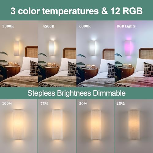 Shenmoyl Adhesive Battery Operated Wall Sconce Set of 2, 6000 mAh Battery Rechargeable Bulb with 12 RGB Colors, Stick on Wall Sconce No Drill Wall Lights, Linen - color: Semicylinder