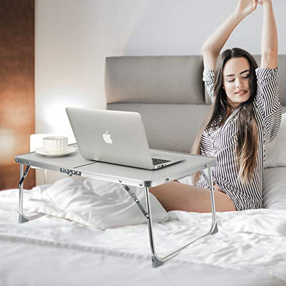 RAINBEAN Foldable Laptop Table for Bed Lightweight Breakfast Bed Tray Portable Mini Picnic Storage Space Standing Holder, Folding Leg Desk Notebook Lap Table for Kids Reading -Silver