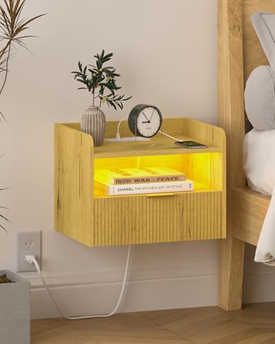 Veegle Floating Nightstand with Charging Station and LED Lights (Yellow Oak) - color: Yellow Oak