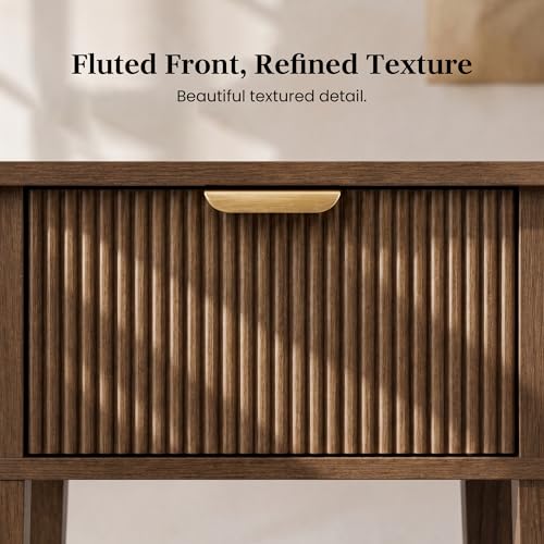 Dark Walnut 15.4" Wide Small Nightstand with Drawer,Open Shelf,Fluted | Deep wood tone, ribbed fluted front, 11.8-inch slim depth, concealed storage, styled for bedside, sofa side, or chair side - color: Dark Walnut