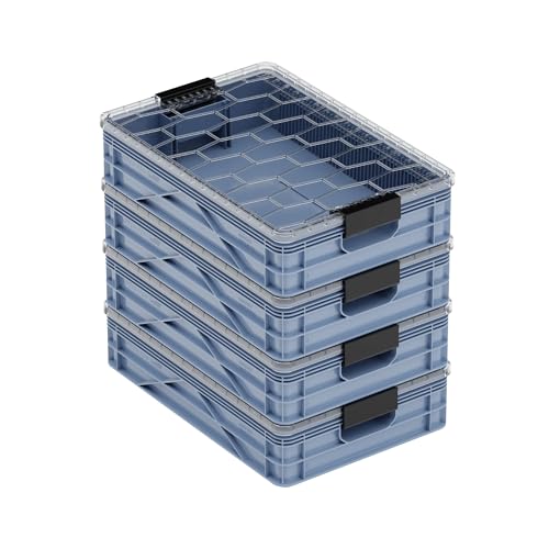 Quarter Crate 4-Pack Stackable Storage Bins, Navy Gray | Polypropylene, 14 dividers included, 19.16x12.75x4.57 in, over 1000 lb stack, lids sold separately - color: Navy Gray